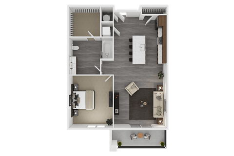 Floor plan for 1 bed, 1 bath, 686 sqft